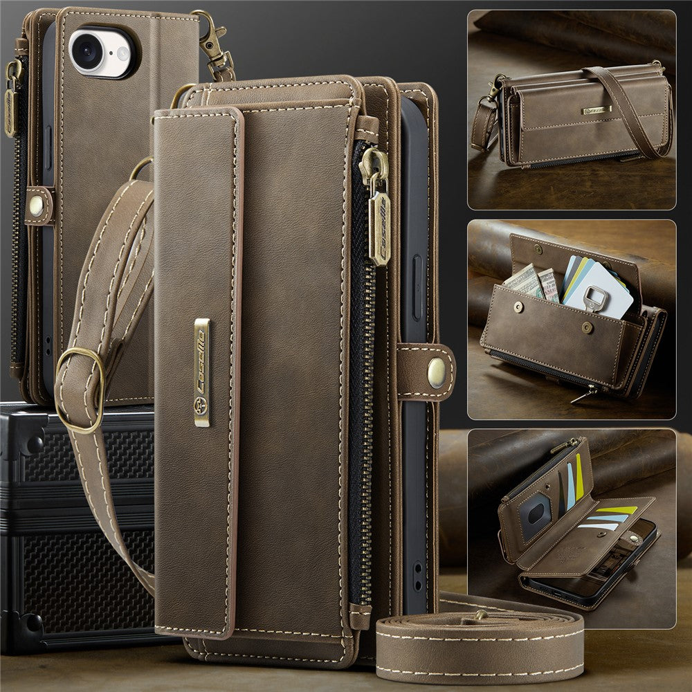 For iPhone 16e Case CASEME C39 RFID Blocking Zipper Wallet Stand Leather Cover with Strap