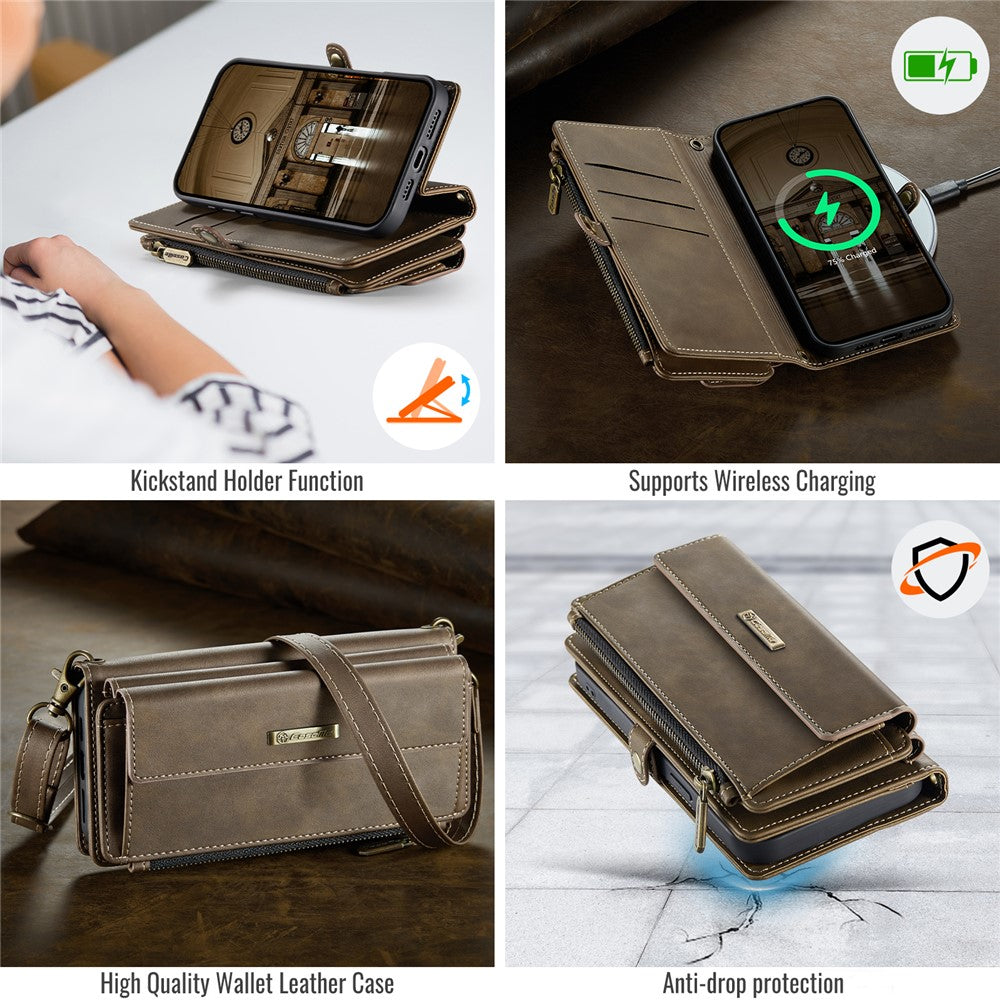 For iPhone 16e Case CASEME C39 RFID Blocking Zipper Wallet Stand Leather Cover with Strap