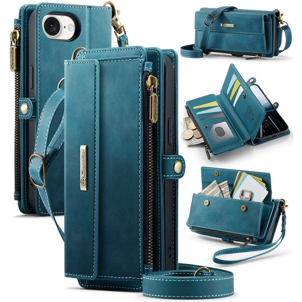 For iPhone 16e Case CASEME C39 RFID Blocking Zipper Wallet Stand Leather Cover with Strap
