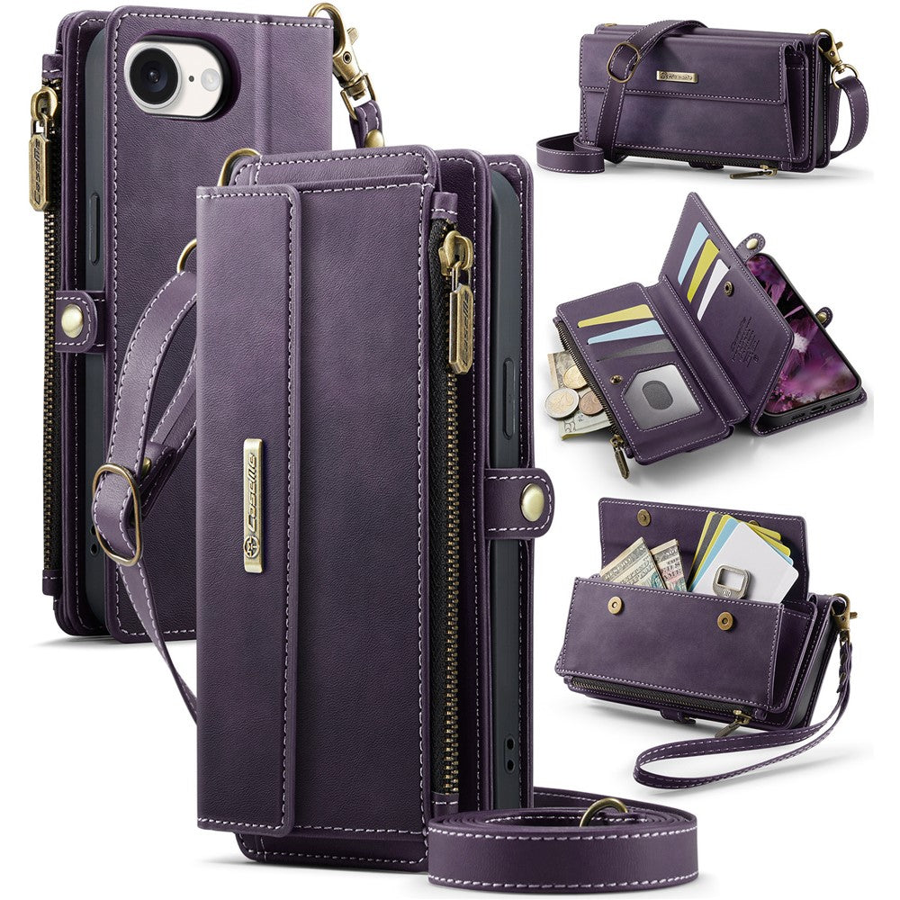 For iPhone 16e Case CASEME C39 RFID Blocking Zipper Wallet Stand Leather Cover with Strap