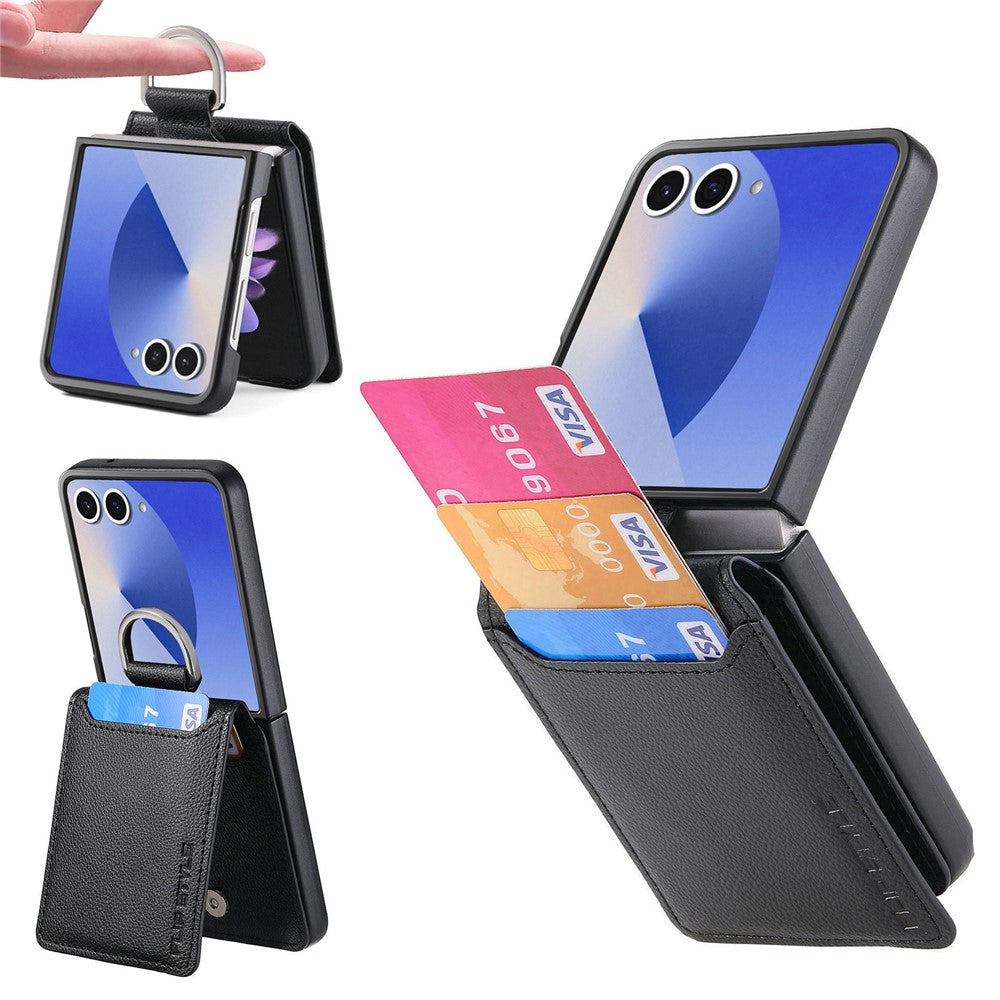 Samsung Galaxy Z Flip7 5G Case Card Holder Kickstand PU + PC Phone Cover with Finger Ring