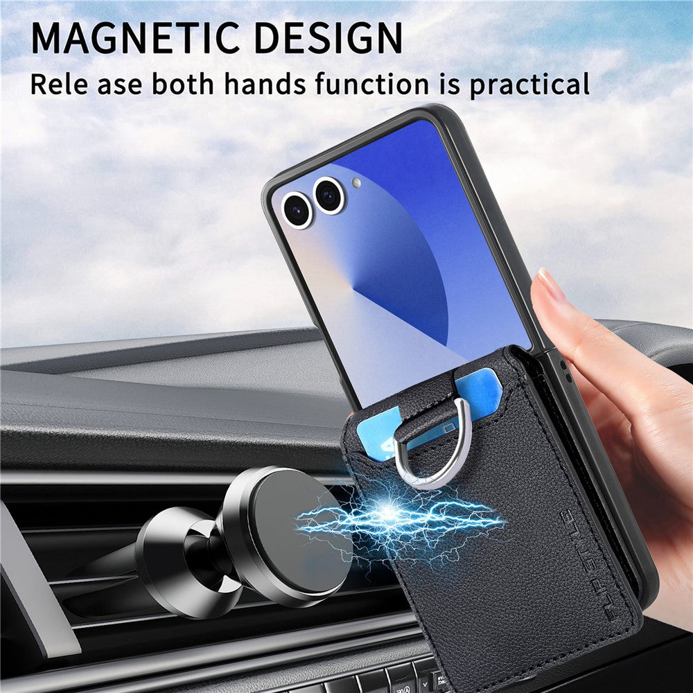Samsung Galaxy Z Flip7 5G Case Card Holder Kickstand PU + PC Phone Cover with Finger Ring