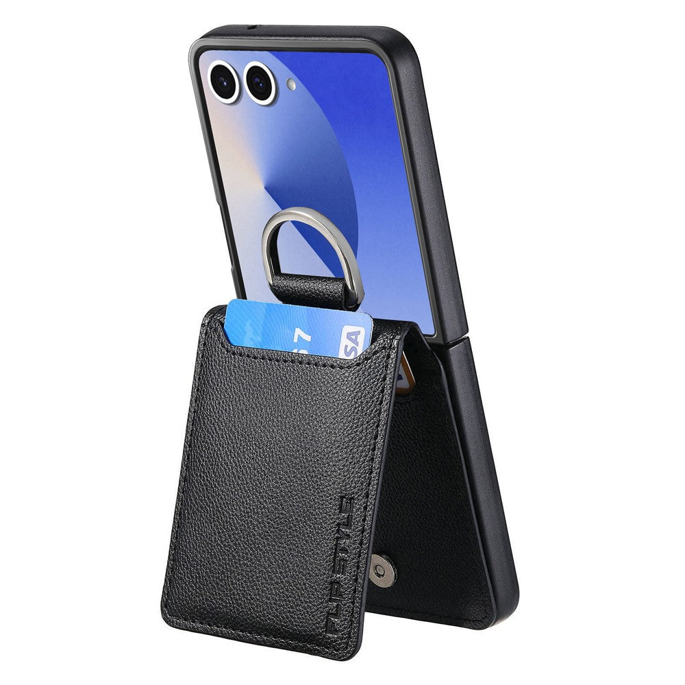 Samsung Galaxy Z Flip7 5G Case Card Holder Kickstand PU + PC Phone Cover with Finger Ring