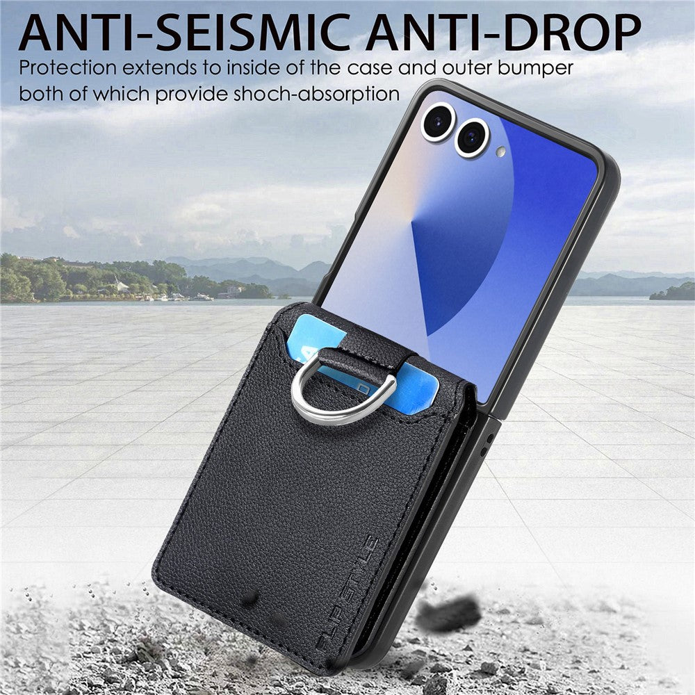 Samsung Galaxy Z Flip7 5G Case Card Holder Kickstand PU + PC Phone Cover with Finger Ring