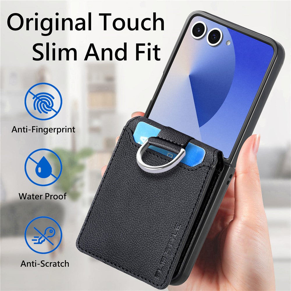 Samsung Galaxy Z Flip7 5G Case Card Holder Kickstand PU + PC Phone Cover with Finger Ring