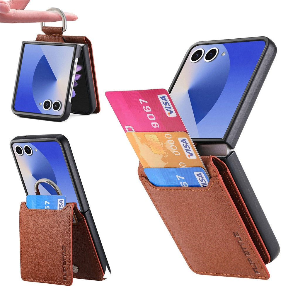 Samsung Galaxy Z Flip7 5G Case Card Holder Kickstand PU + PC Phone Cover with Finger Ring