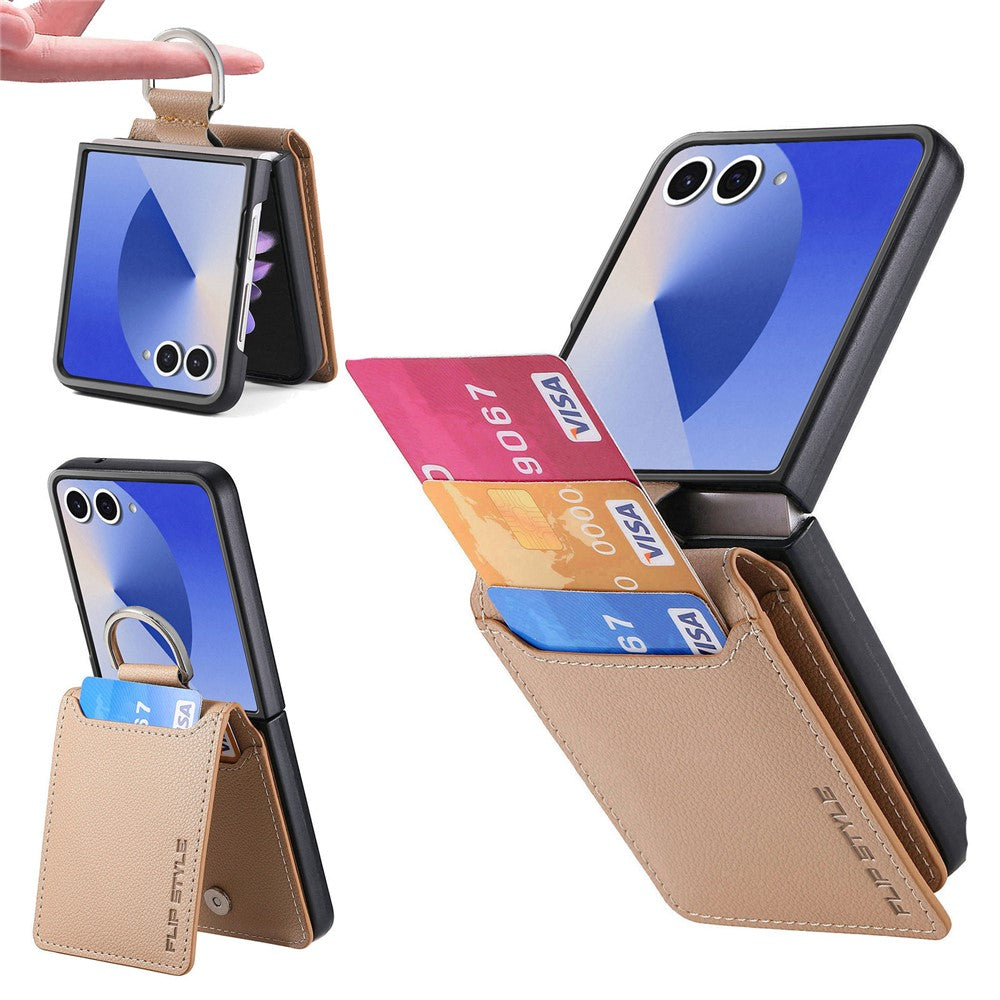 Samsung Galaxy Z Flip7 5G Case Card Holder Kickstand PU + PC Phone Cover with Finger Ring