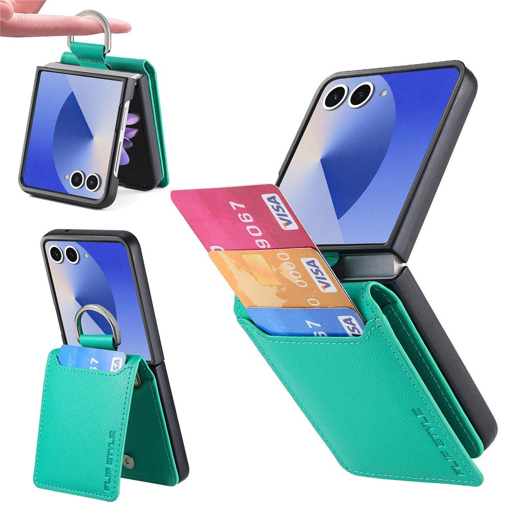 Samsung Galaxy Z Flip7 5G Case Card Holder Kickstand PU + PC Phone Cover with Finger Ring
