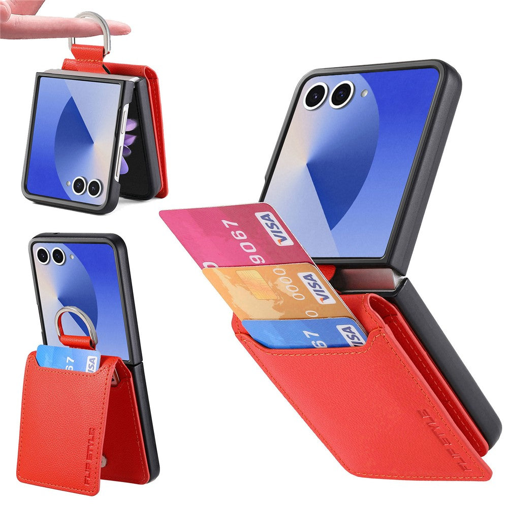 Samsung Galaxy Z Flip7 5G Case Card Holder Kickstand PU + PC Phone Cover with Finger Ring