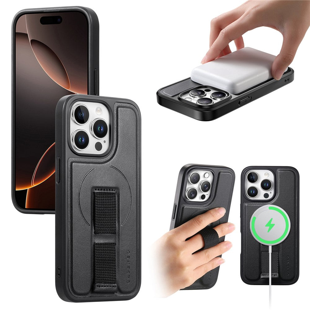 For iPhone 14 Pro Max Magnetic Case CASENEO Wristband PU Leather + PC Shockproof Phone Cover