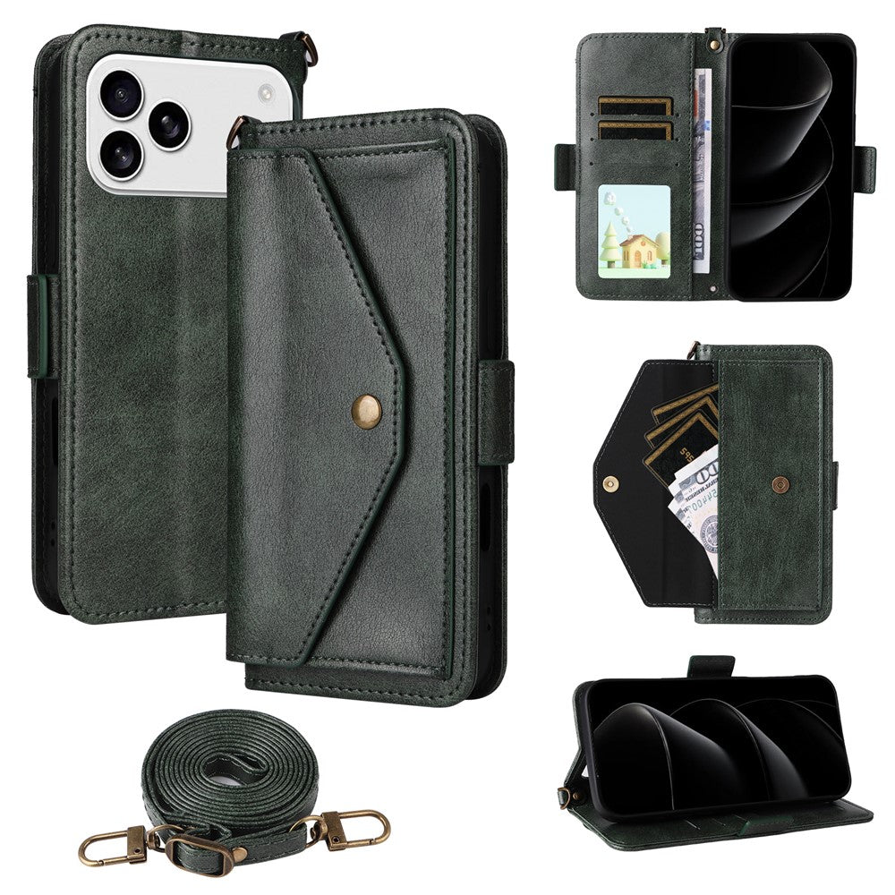 For iPhone 17 Pro Max Leather Case Magnetic Clasp Wallet Stand Phone Cover with Crossbody Strap