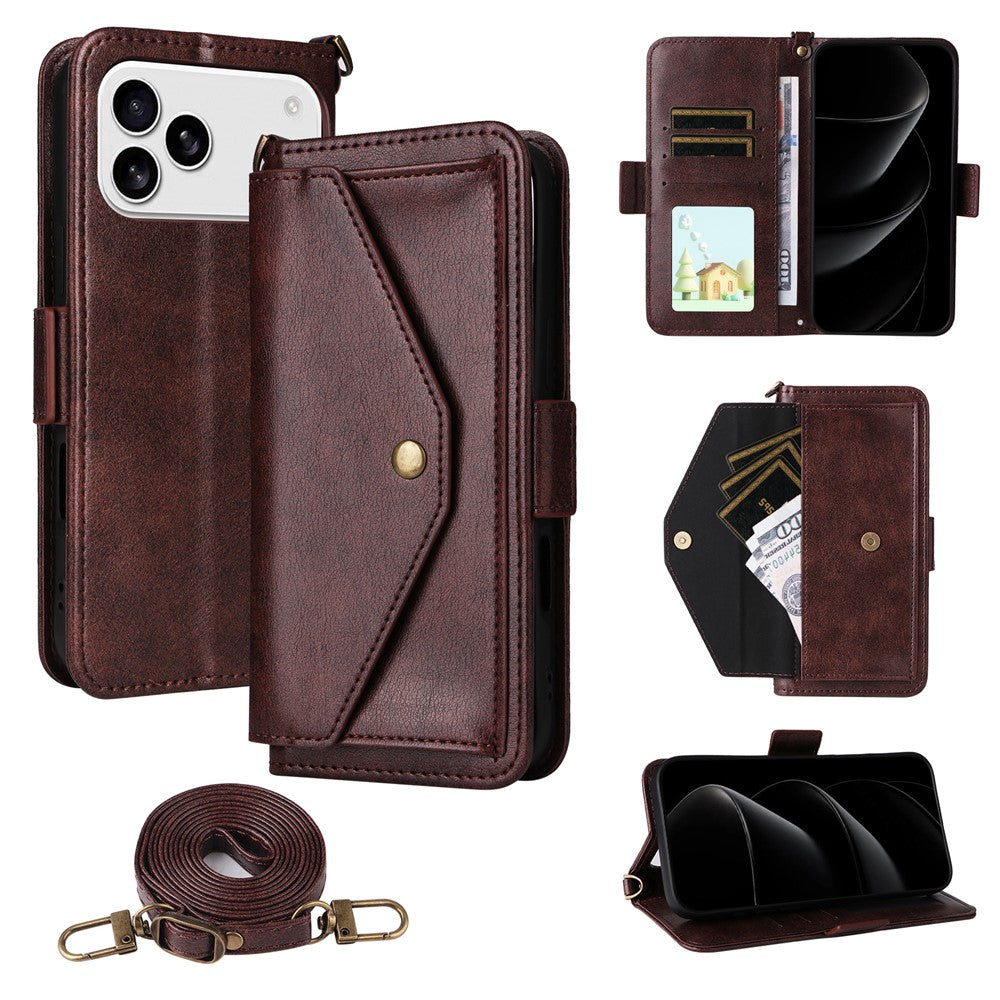 For iPhone 17 Pro Max Leather Case Magnetic Clasp Wallet Stand Phone Cover with Crossbody Strap