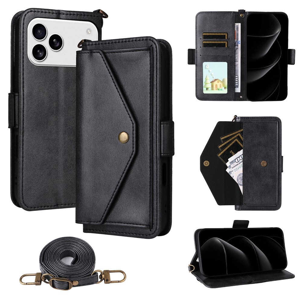 For iPhone 17 Pro Max Leather Case Magnetic Clasp Wallet Stand Phone Cover with Crossbody Strap
