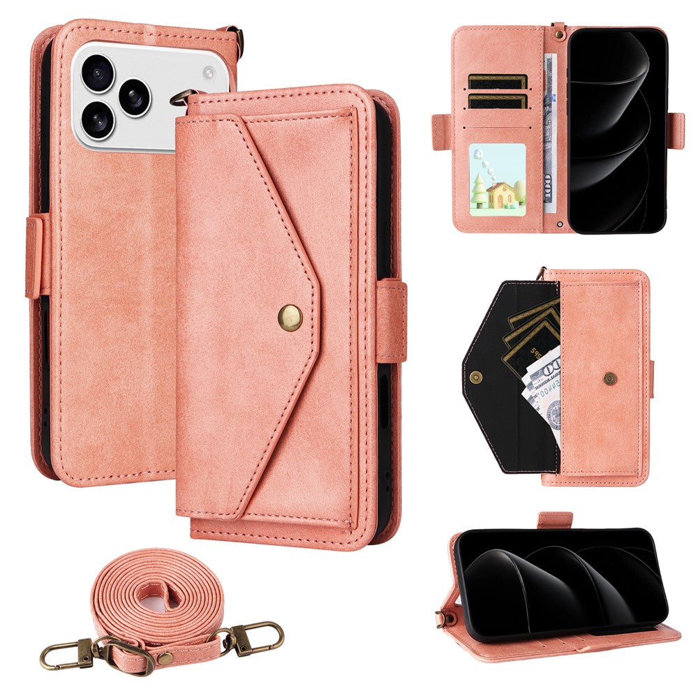 For iPhone 17 Pro Max Leather Case Magnetic Clasp Wallet Stand Phone Cover with Crossbody Strap