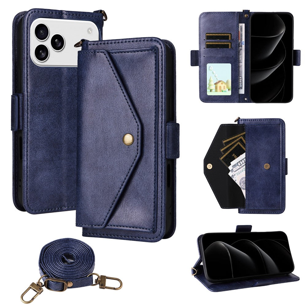 For iPhone 17 Pro Max Leather Case Magnetic Clasp Wallet Stand Phone Cover with Crossbody Strap