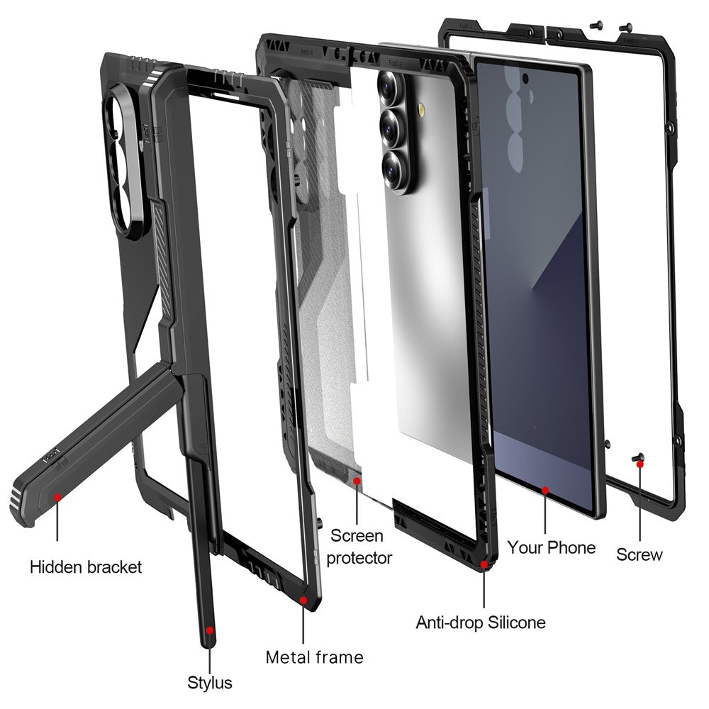 Samsung Galaxy Z Fold7 5G Case Aluminium Alloy + Silicone Kickstand Cover with PET Screen Film