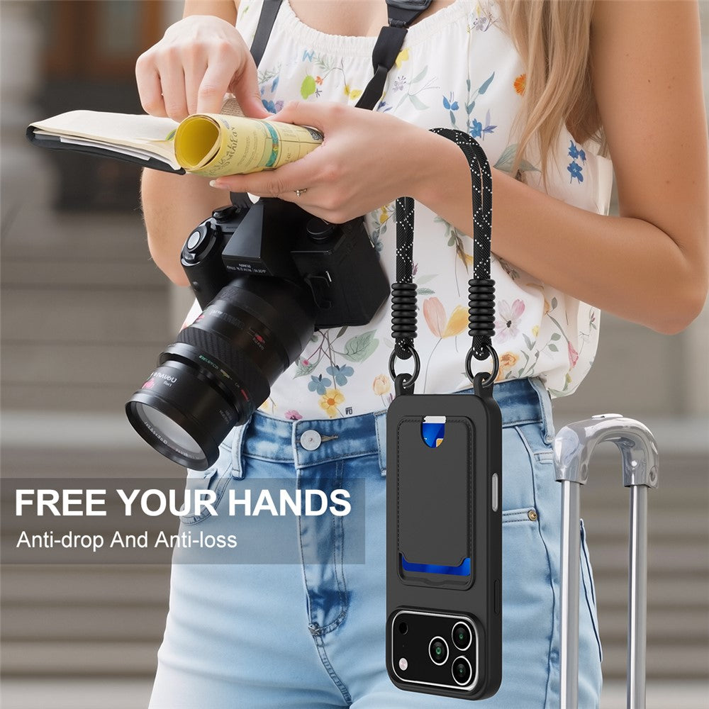 For iPhone 17 Pro Max Case Liquid Silicone Card Holder Phone Back Cover with Wrist Strap