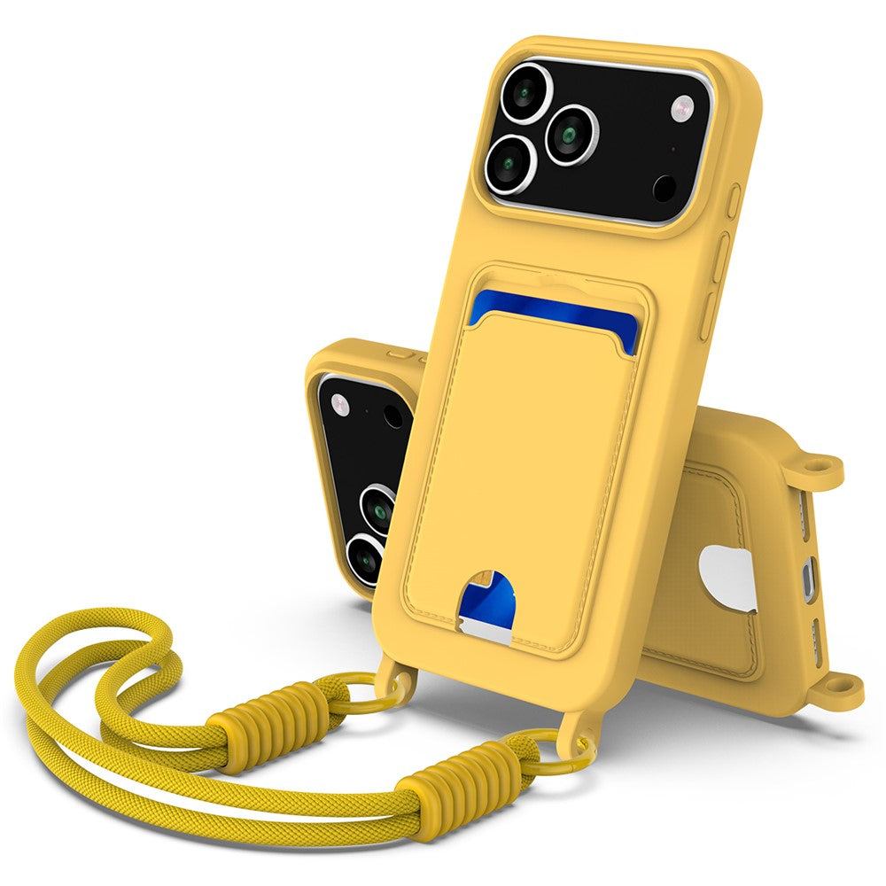 For iPhone 17 Pro Max Case Liquid Silicone Card Holder Phone Back Cover with Wrist Strap