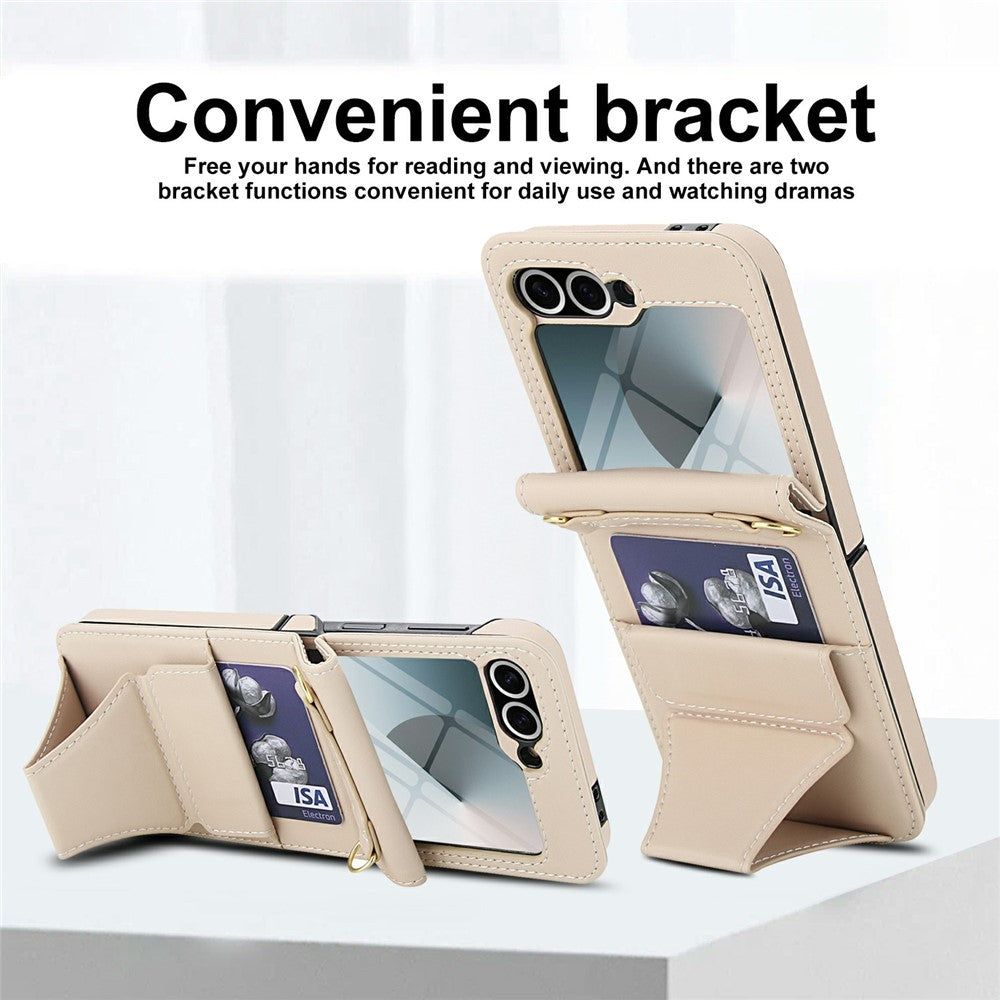 Samsung Galaxy Z Flip6 5G Case Kickstand Leather + PC Folding Phone Cover with HD Screen Protector / Straps