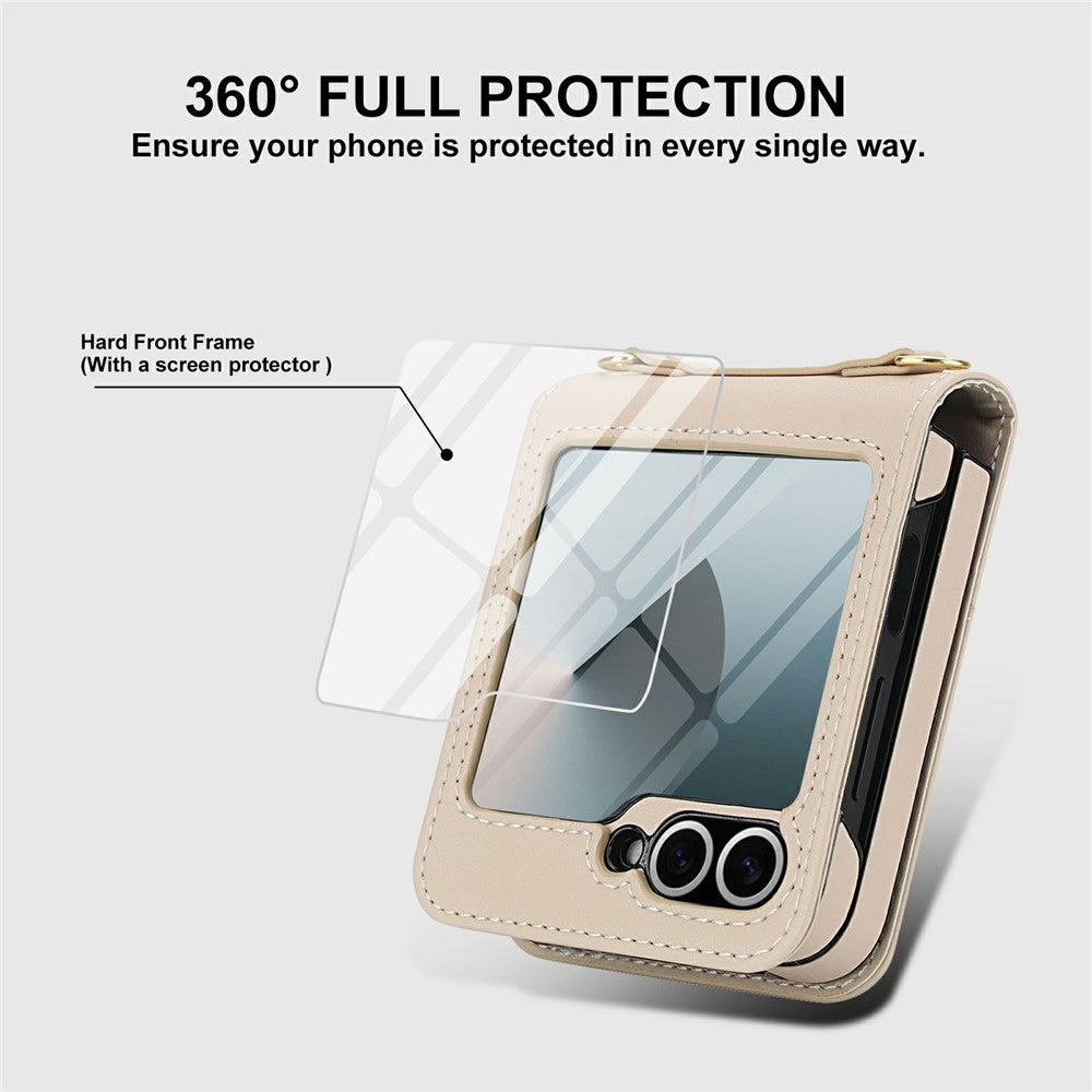 Samsung Galaxy Z Flip6 5G Case Kickstand Leather + PC Folding Phone Cover with HD Screen Protector / Straps