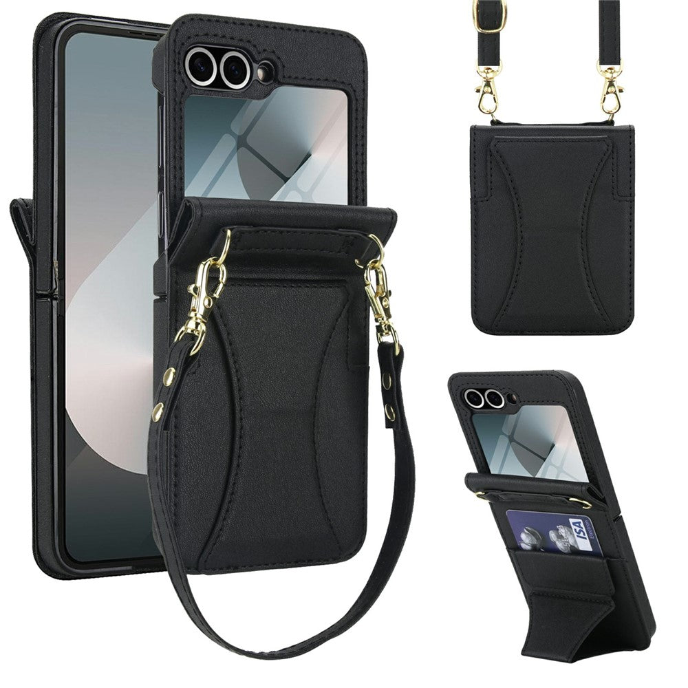 Samsung Galaxy Z Flip6 5G Case Kickstand Leather + PC Folding Phone Cover with HD Screen Protector / Straps