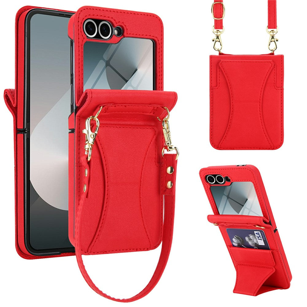 Samsung Galaxy Z Flip6 5G Case Kickstand Leather + PC Folding Phone Cover with HD Screen Protector / Straps