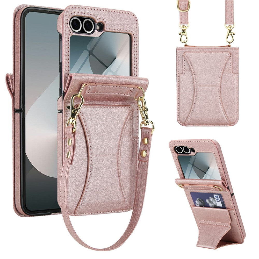 Samsung Galaxy Z Flip6 5G Case Kickstand Leather + PC Folding Phone Cover with HD Screen Protector / Straps
