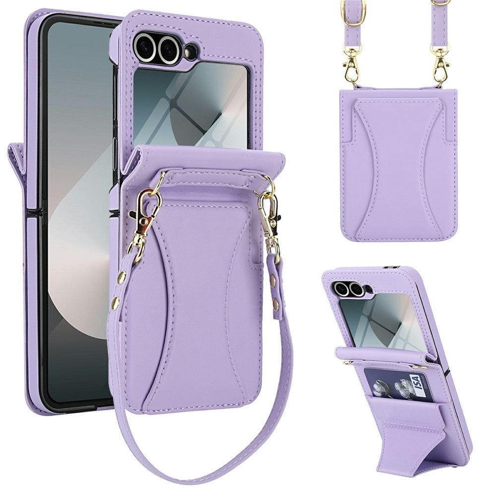 Samsung Galaxy Z Flip6 5G Case Kickstand Leather + PC Folding Phone Cover with HD Screen Protector / Straps