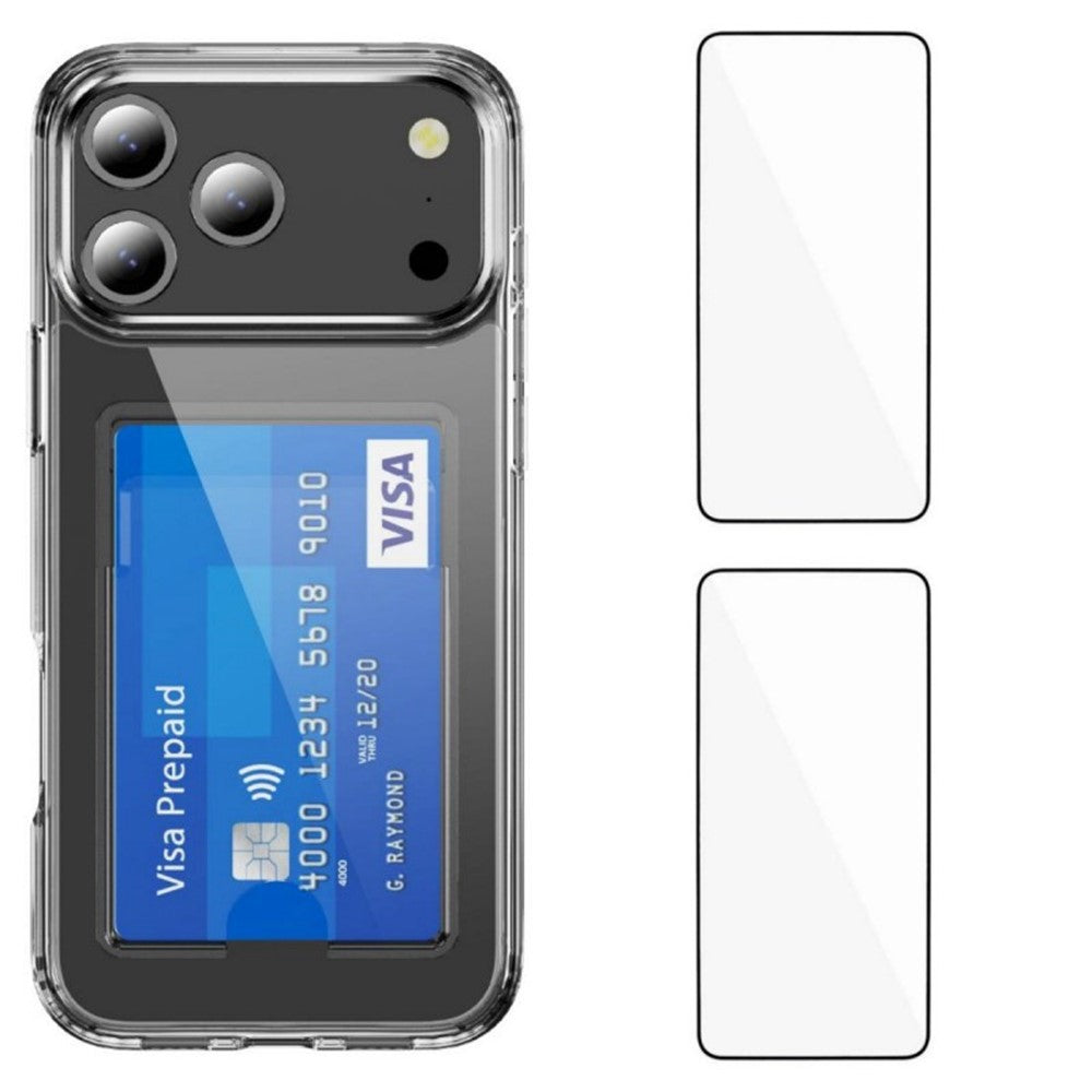 iPhone 17 Pro Case Card Holder PC TPU Phone Cover with 2Pcs Screen Film (Big Lens Hole)