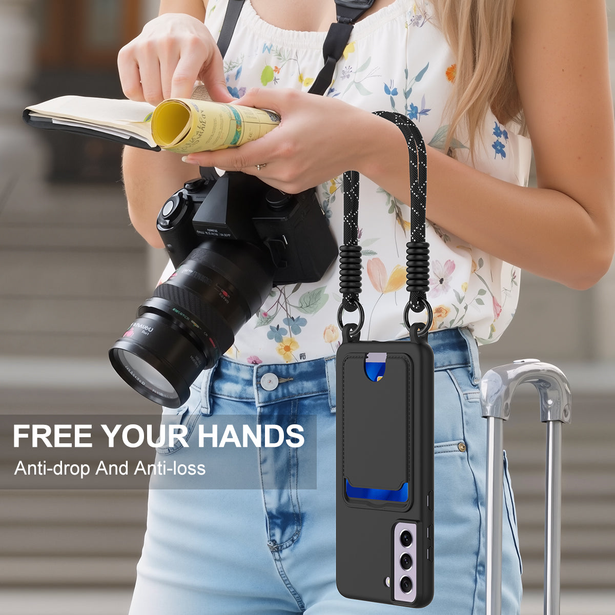 For Samsung Galaxy S21 FE 5G Liquid Silicone Case  Phone Back Cover with Card Holder and Short Strap