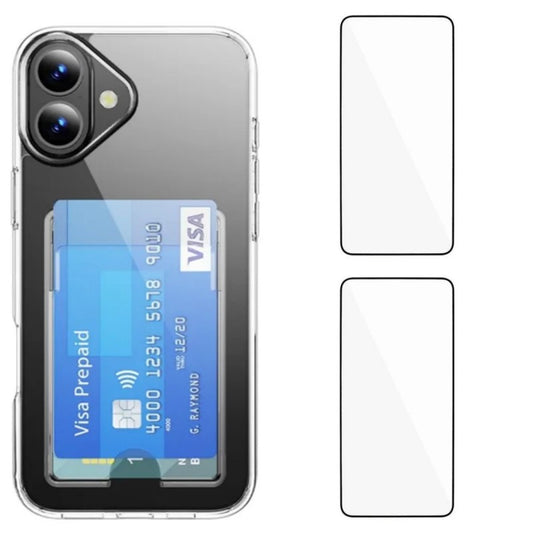 iPhone 17 Clear Phone Case with 2Pcs Screen Film WANLONFENG CK1 Series Card Holder Cover (Big Lens Hole)