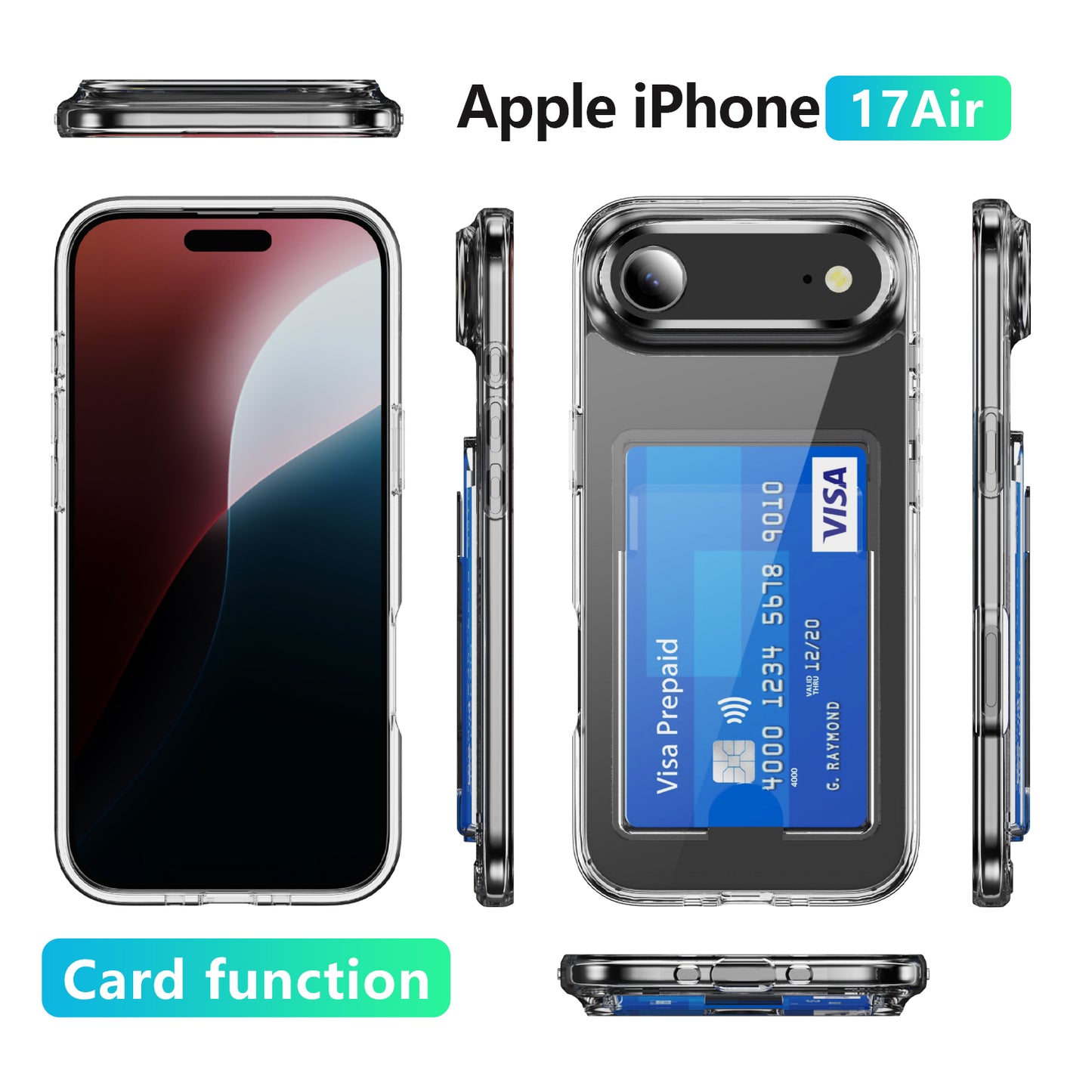 For iPhone Air Clear Phone Case with 2Pcs Screen Film WANLONFENG CK1 Series Card Holder Cover (Big Lens Hole)