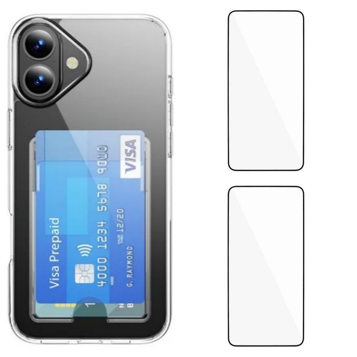 iPhone 16 Clear Phone Case with 2Pcs Screen Film WANLONFENG CK1 Series Card Holder Cover (Big Lens Hole)