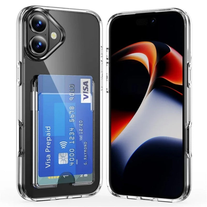 iPhone 16 Clear Phone Case with 2Pcs Screen Film WANLONFENG CK1 Series Card Holder Cover (Big Lens Hole)