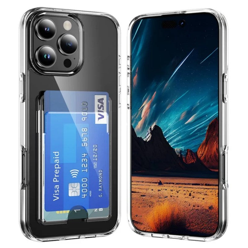 For iPhone 16 Pro Max Clear Phone Case with 2Pcs Screen Film WANLONFENG CK1 Series Card Holder Cover (Big Lens Hole)