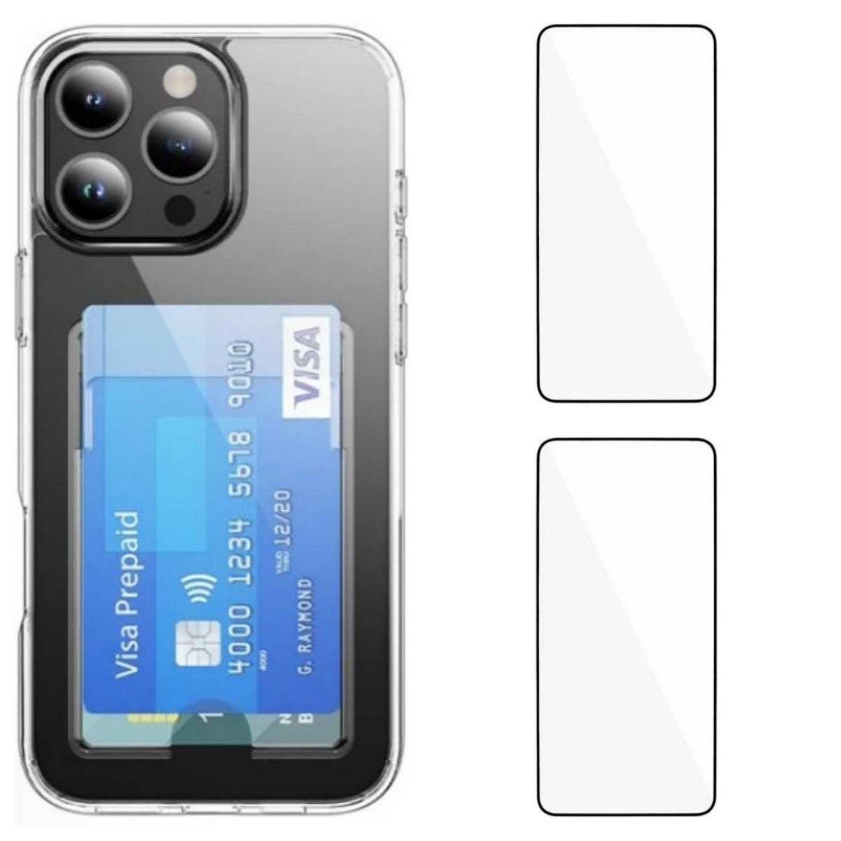 iPhone 16 Pro Clear Phone Case with 2Pcs Screen Film WANLONFENG CK1 Series Card Holder Cover (Big Lens Hole)