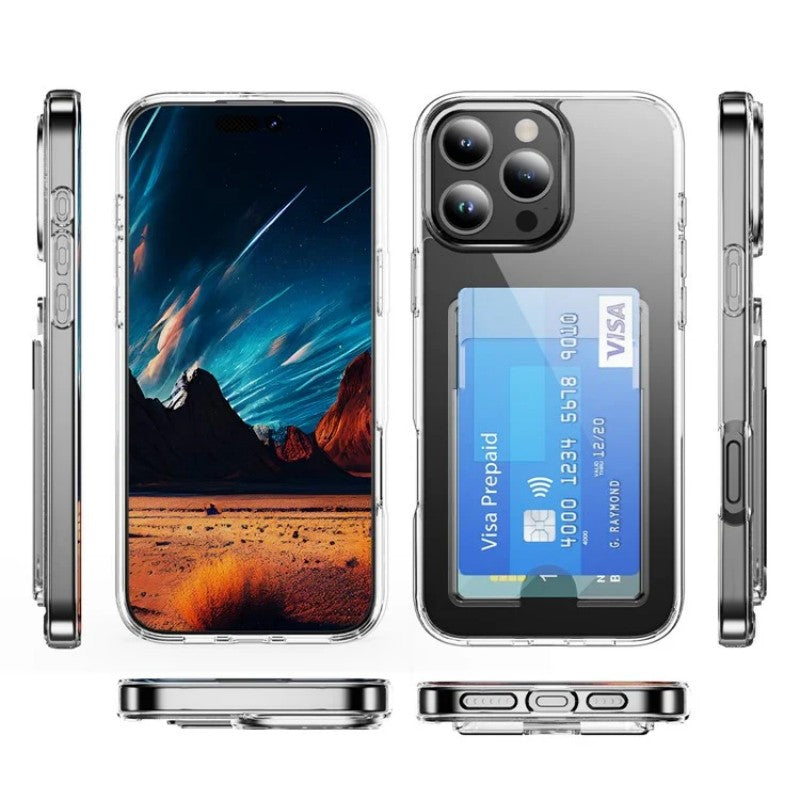 iPhone 16 Pro Clear Phone Case with 2Pcs Screen Film WANLONFENG CK1 Series Card Holder Cover (Big Lens Hole)