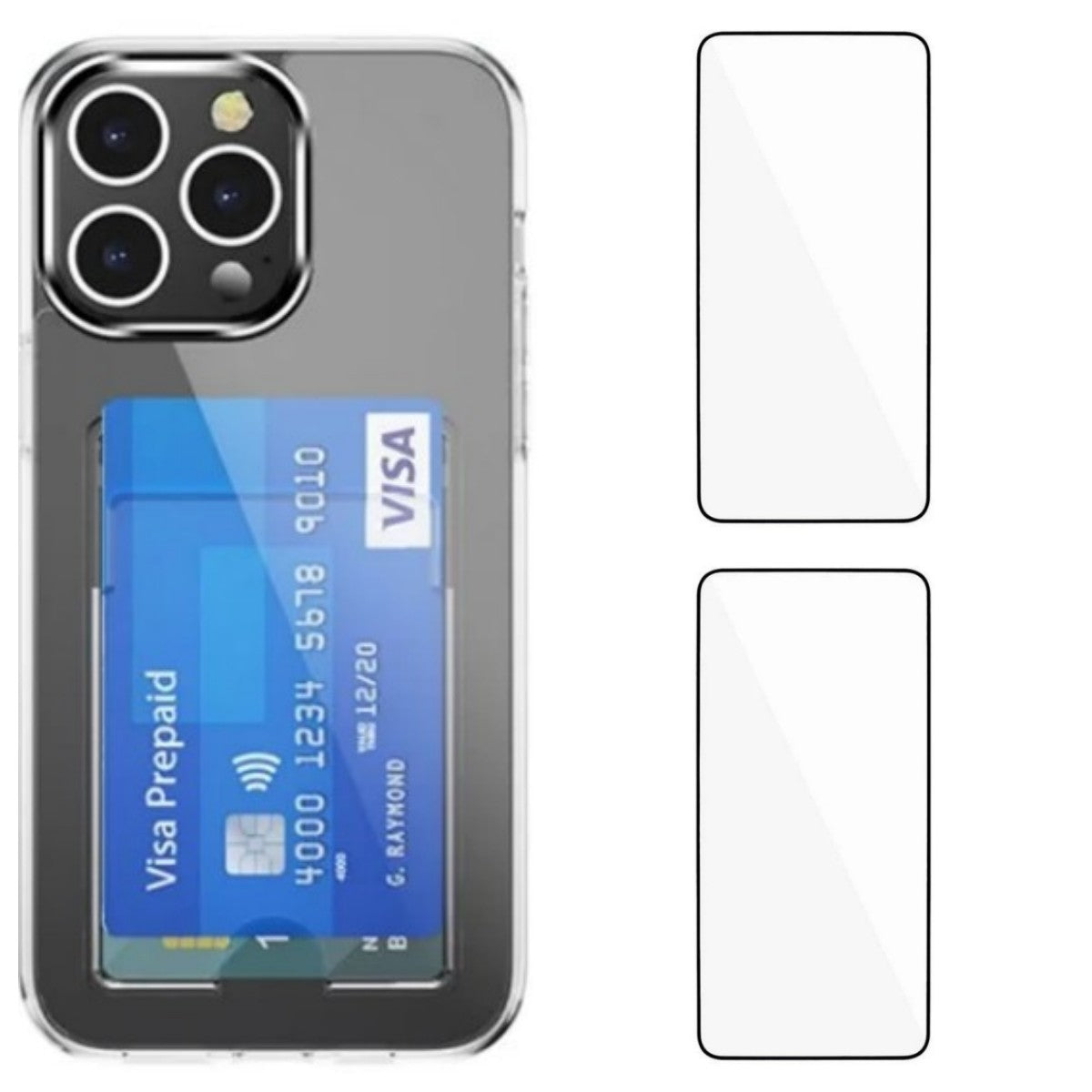 iPhone 15 Pro Clear Phone Case with 2Pcs Screen Film WANLONFENG CK1 Series Card Holder Cover (Big Lens Hole)