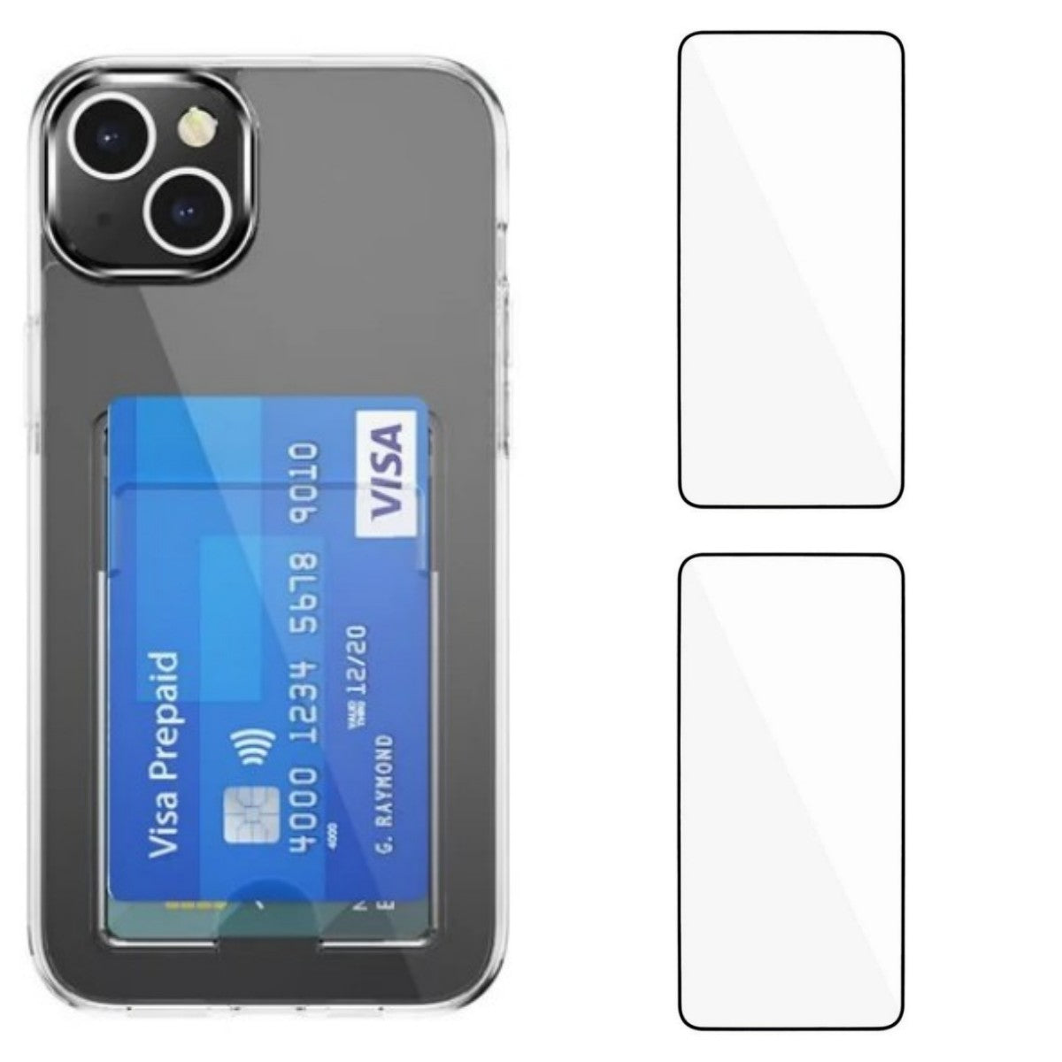 iPhone 15 Clear Phone Case with 2Pcs Screen Film WANLONFENG CK1 Series Card Holder Cover (Big Lens Hole)