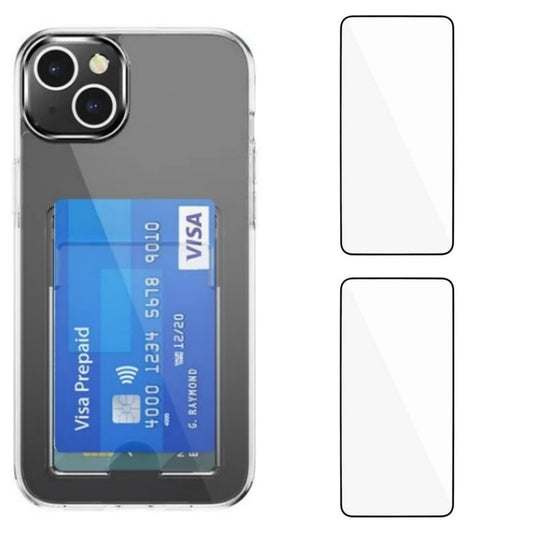 iPhone 15 Clear Phone Case with 2Pcs Screen Film WANLONFENG CK1 Series Card Holder Cover (Big Lens Hole)