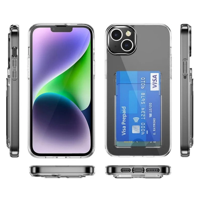 iPhone 15 Clear Phone Case with 2Pcs Screen Film WANLONFENG CK1 Series Card Holder Cover (Big Lens Hole)