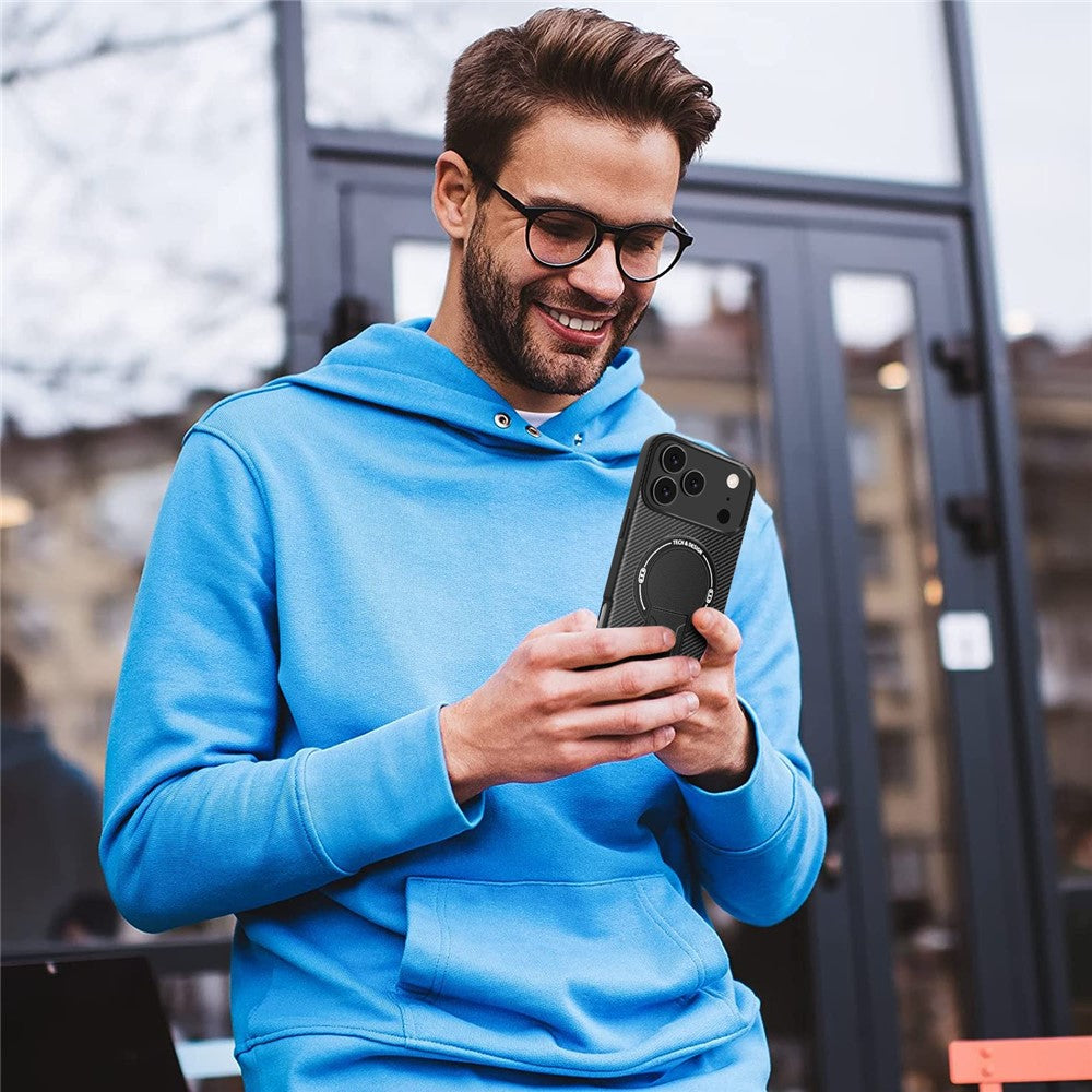 For iPhone 17 Pro Max Case with Kickstand Carbon Fiber Texture PC + TPU Phone Cover