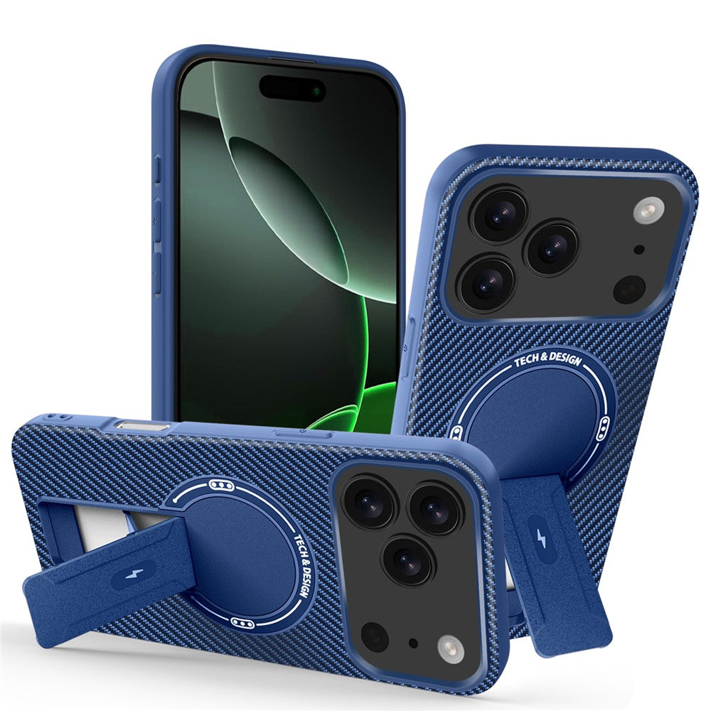 For iPhone 17 Pro Max Case with Kickstand Carbon Fiber Texture PC + TPU Phone Cover