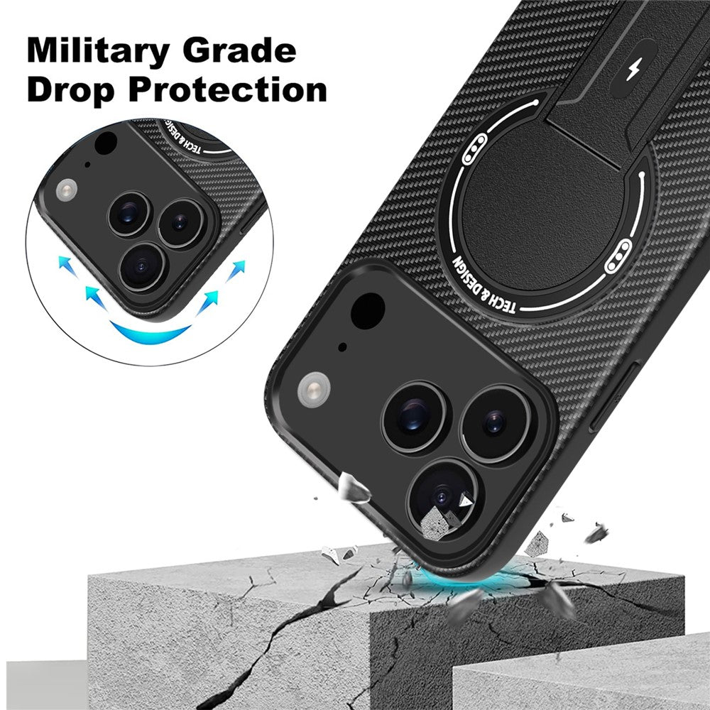 For iPhone 17 Pro Case with Kickstand Carbon Fiber Texture PC + TPU Phone Cover
