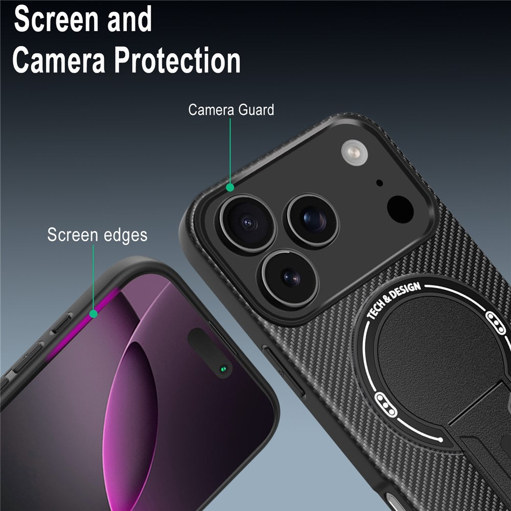 For iPhone 17 Pro Case with Kickstand Carbon Fiber Texture PC + TPU Phone Cover