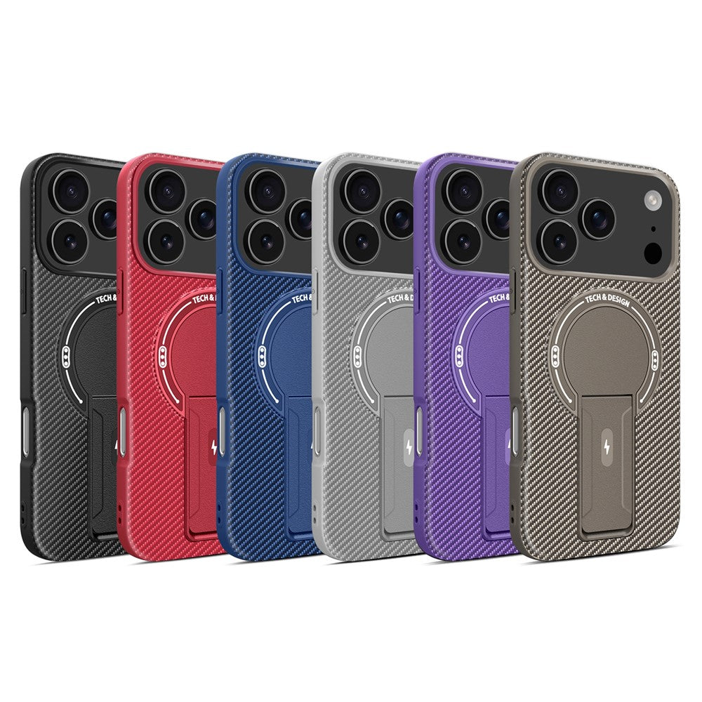 For iPhone 17 Pro Case with Kickstand Carbon Fiber Texture PC + TPU Phone Cover