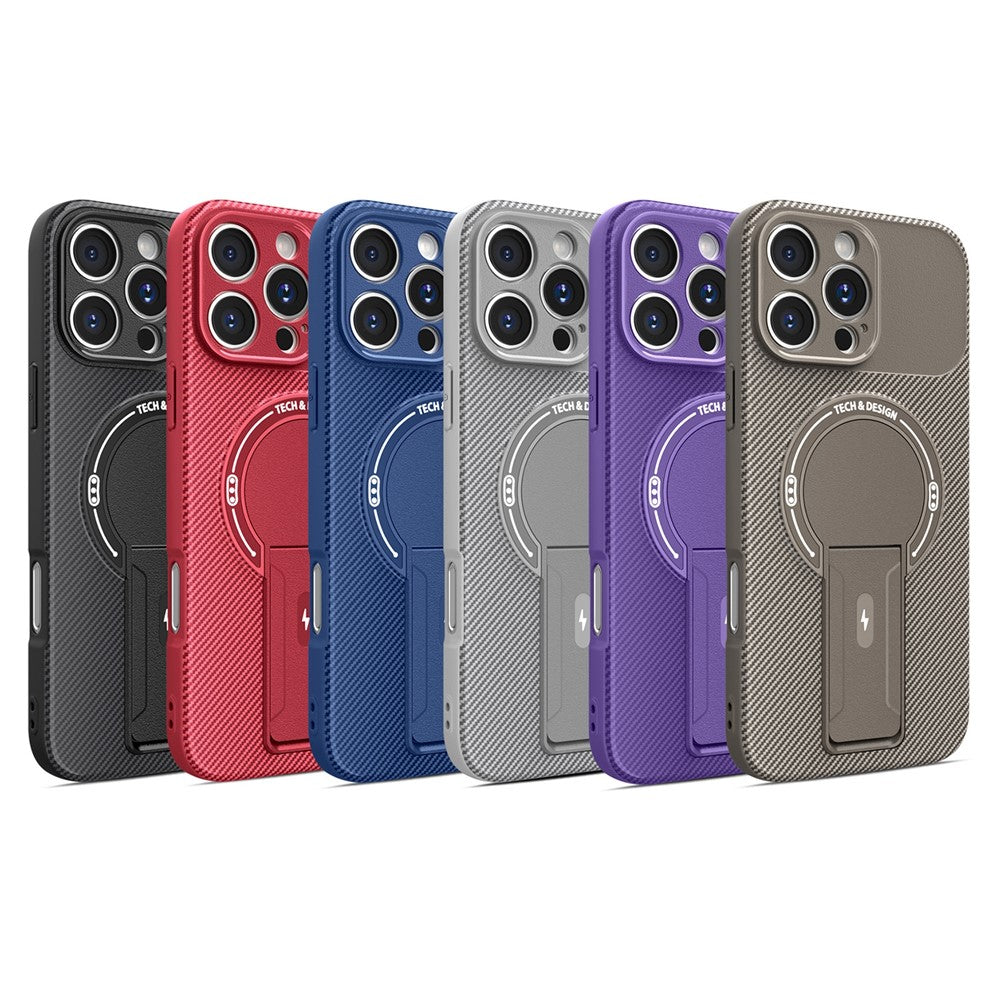 For iPhone 16 Pro Case with Kickstand Carbon Fiber Texture PC + TPU Phone Cover