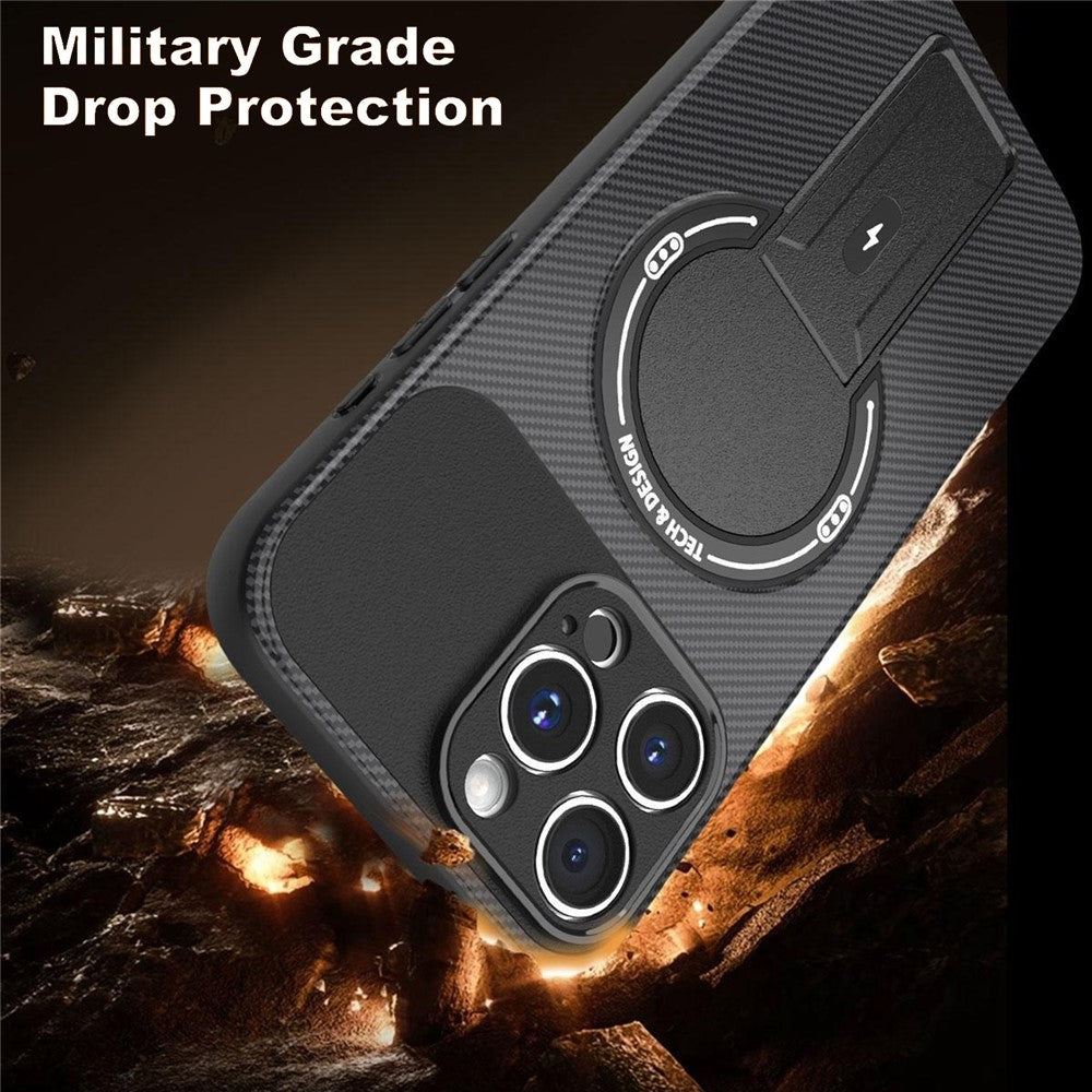 For iPhone 16 Pro Case with Kickstand Carbon Fiber Texture PC + TPU Phone Cover