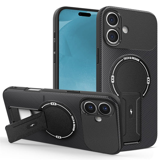 For iPhone 16 Case with Kickstand Carbon Fiber Texture PC + TPU Phone Cover