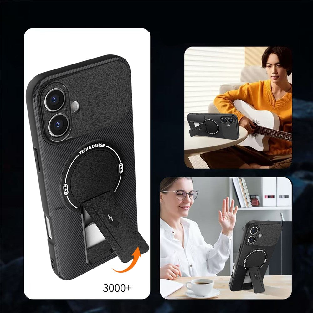 For iPhone 16 Case with Kickstand Carbon Fiber Texture PC + TPU Phone Cover